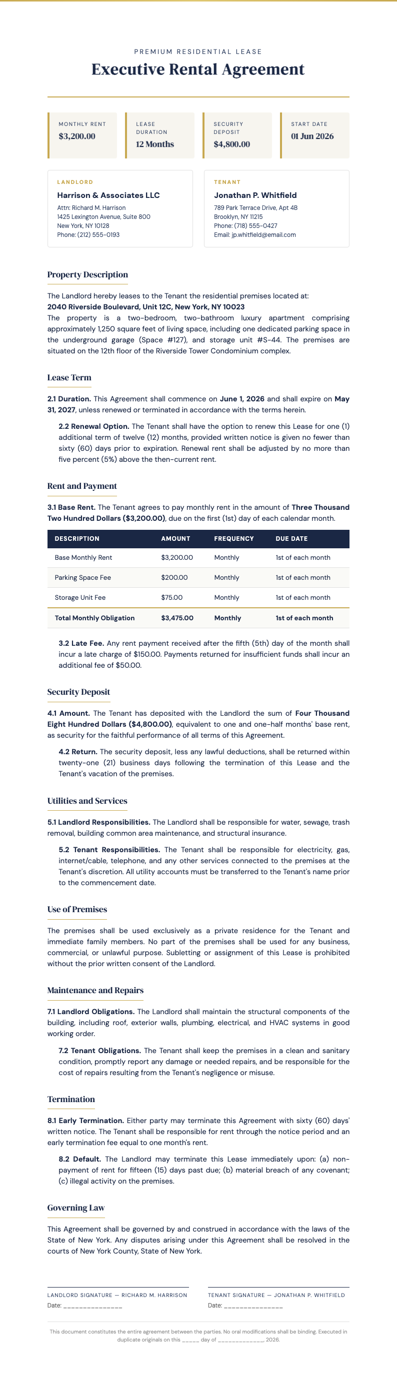 Executive rental agreement